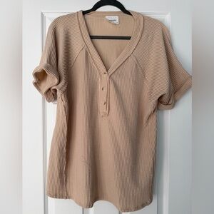 Women's Beige V-Neck Ribbed Buttoned Top